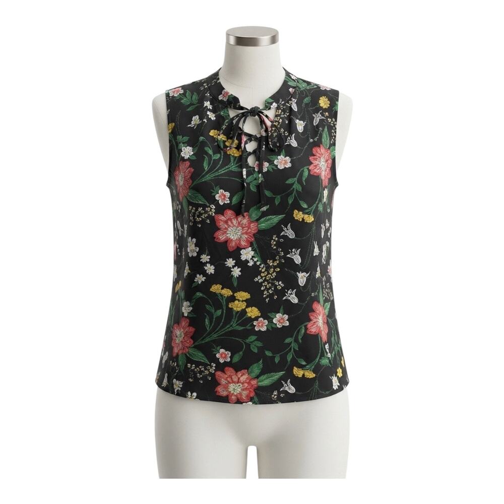 Old Navy Floral Tie Neck Tank Top Black Multi Embroidered Sleeveless Blouse XS